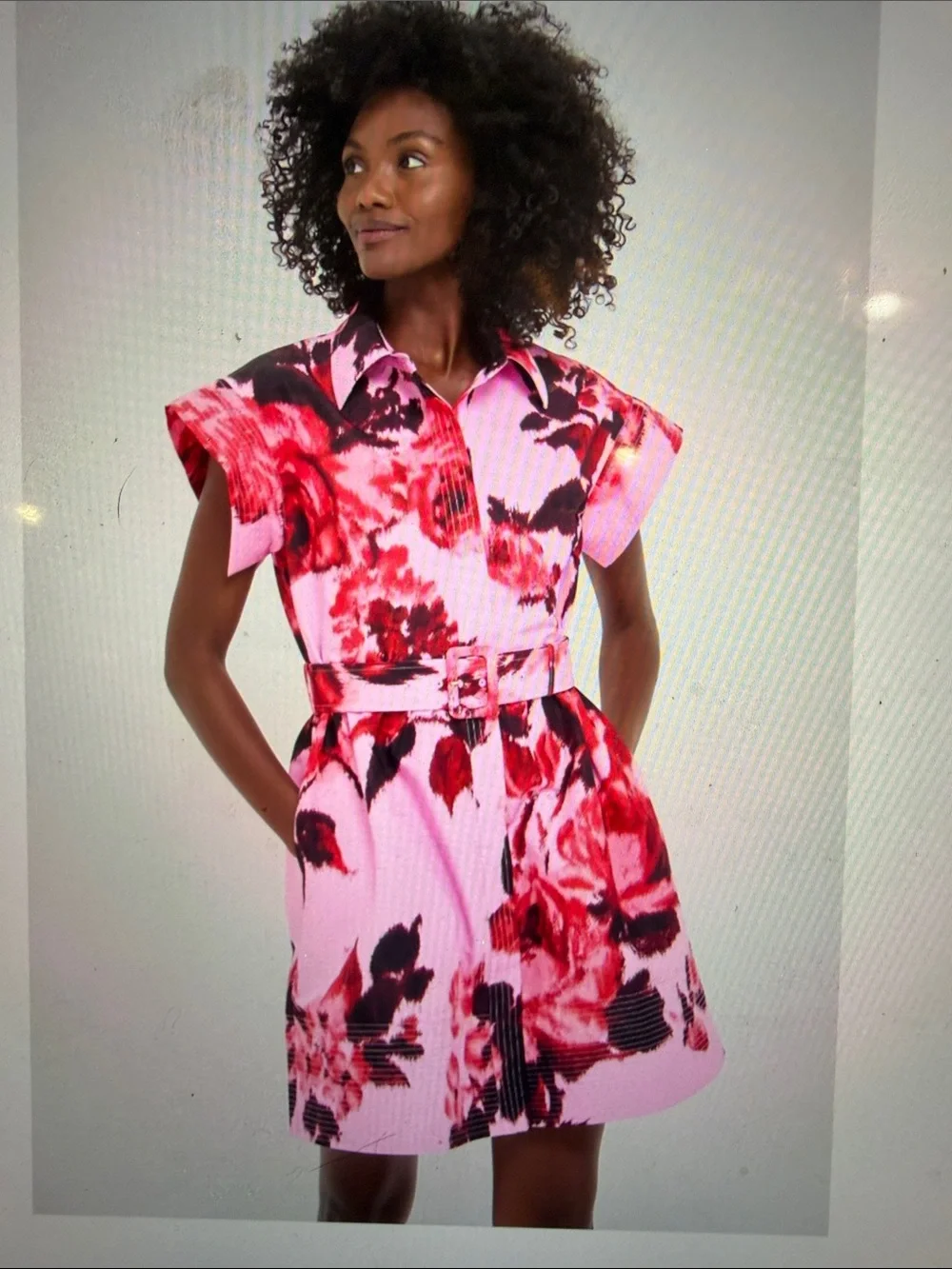 Tuckernut Cerise Blossom Floral Pink Belted Shirt Dress, size small, like new - Picture 6 of 6